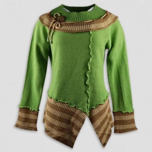 Sweaters - Vintage 70s Sweater Ruffled Asymmetrical Soft Knit Wool Blend Green/Beige sz M